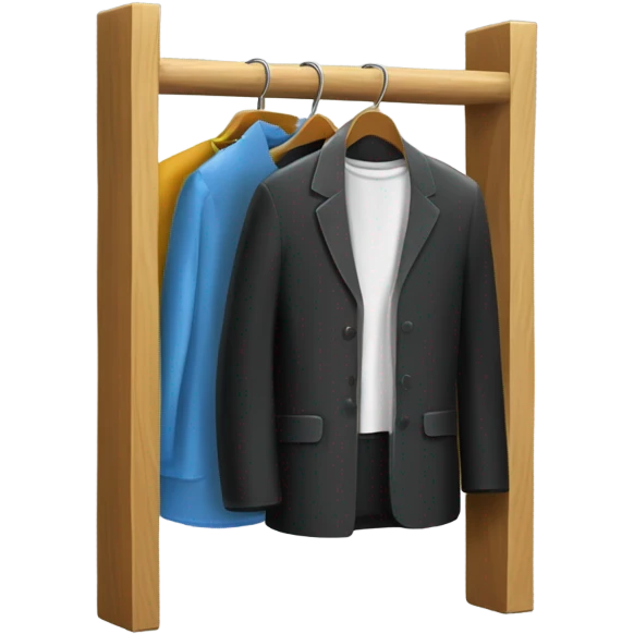 Design an emoji-style icon of an open wardrobe with clothes hanging inside. Include details like a wooden frame, hangers, and black different clothing items such as shirts or any other clothing . Use a clean and minimalistic design. emoji