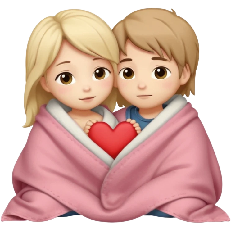 "Cute romantic chibi couple cuddling in bed, kissing gently with blushing cheeks. Both characters under a cozy blanket so clothing is not visible, only shoulders showing. Soft warm lighting, small heart above them, smooth shading, round chibi faces, clean outlines, sticker-style illustration." emoji