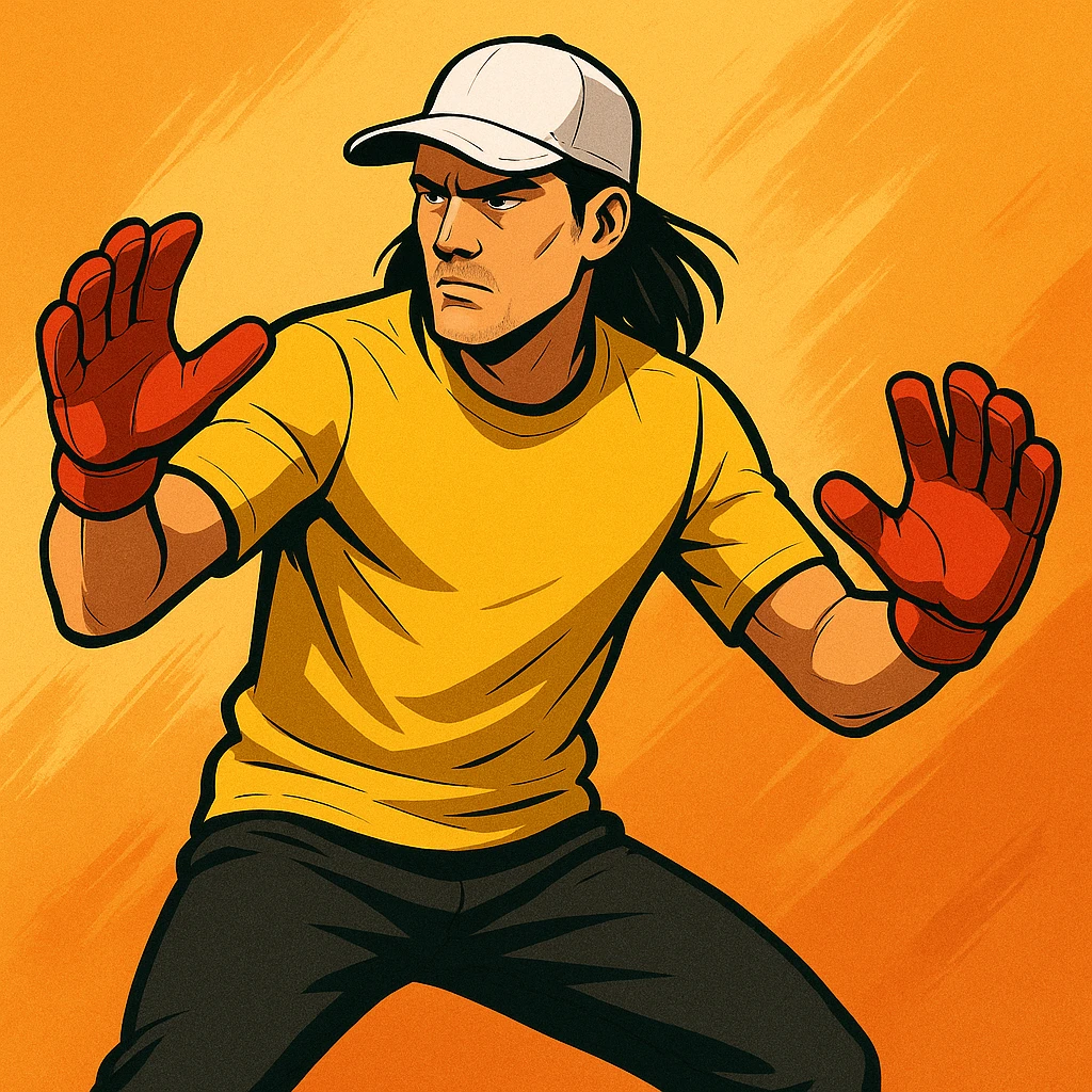 ilustración de un portero con ropa amarilla, gorra blanca, pelo largo negro, pantalón negro, guantes rojos y cara seria, estilo deportivo moderno emoji