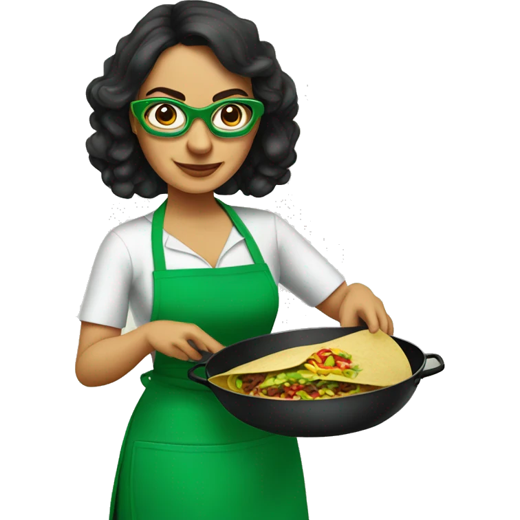 mexican lady green apron  with glasses cooking tacos emoji