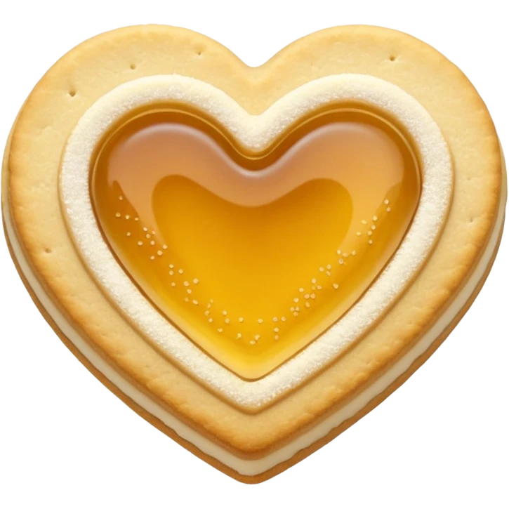 Realistic shortbread cookie in the shape of a heart with pale yellow jelly middle filling and sprinkled powder sugar on top. emoji
