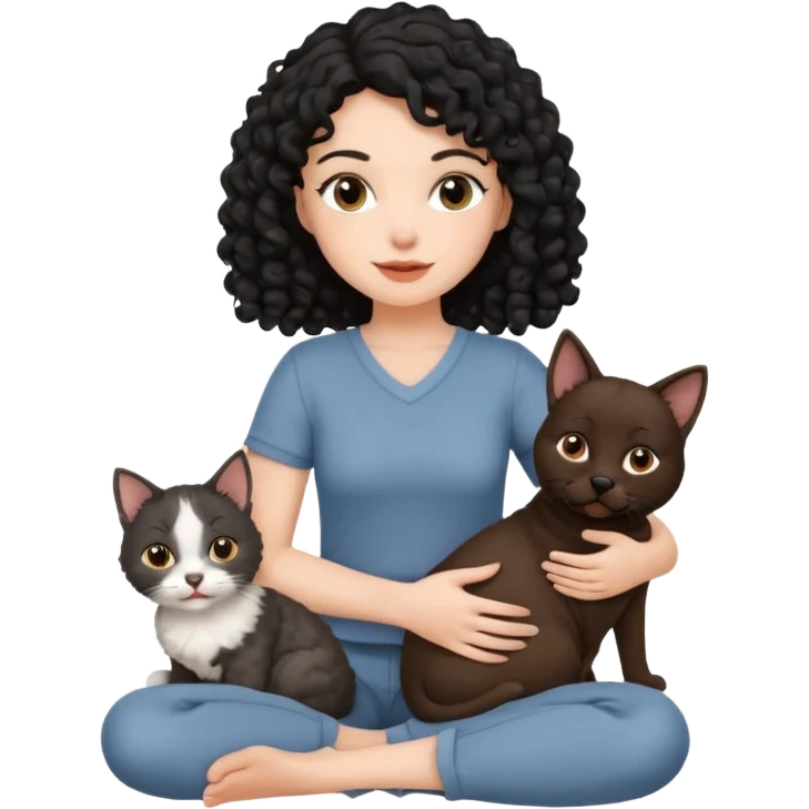 Moça branca com cabelo cacheado preto. Com um gato e um cachorro no colo emoji