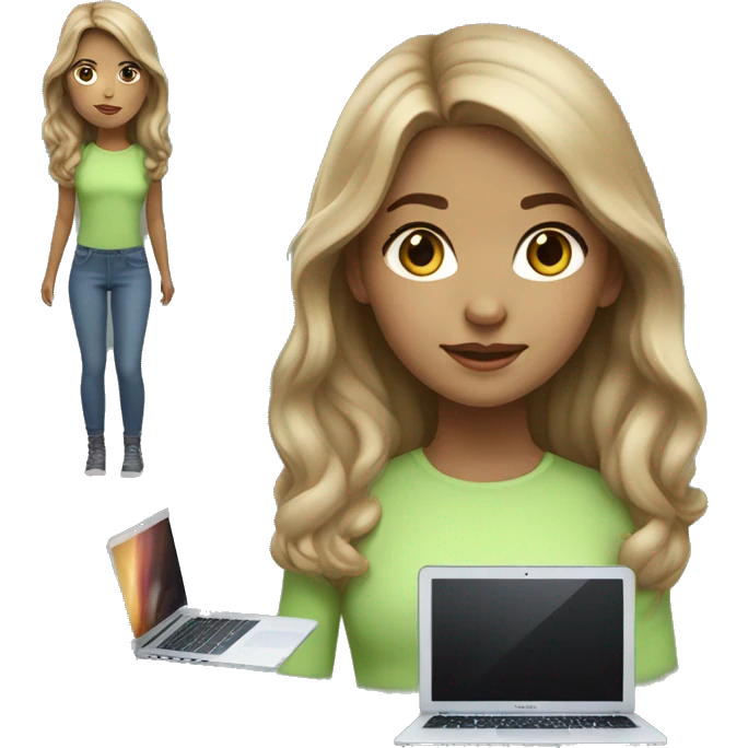Girl white light brown medium hair with MacBook realistic color light green-blue emoji