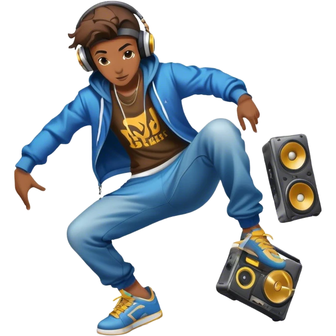 Icon for Street Dance: a dancer in urban streetwear performing a dynamic lower breakdance move, with a spray-painted background, headphones, and a boombox on the asphalt. The icon should capture the energy, style, and creativity of street dance culture. Transparent background. emoji