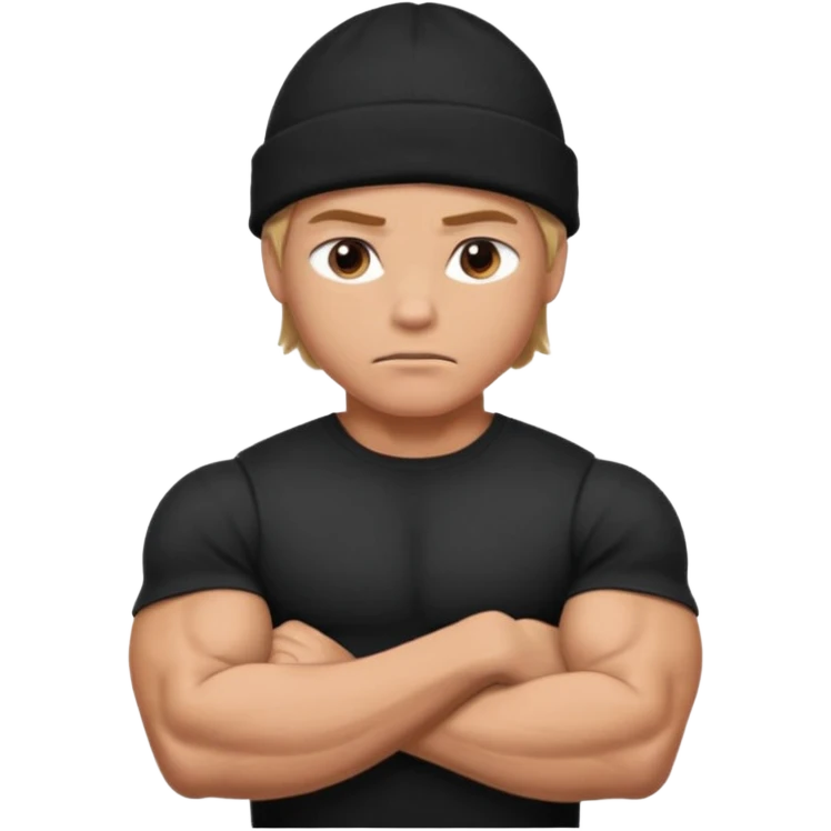 Muscular hero in black beanie, serious expression, folded arms.



































 emoji