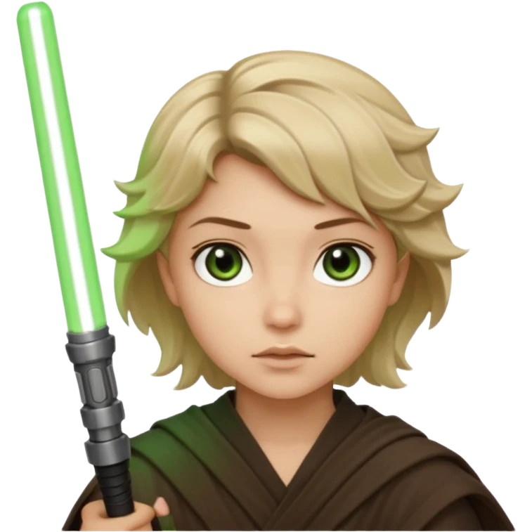 Young jedi with dark brown eyes and sandy blonde wavy short hair holding a green light saber.  emoji