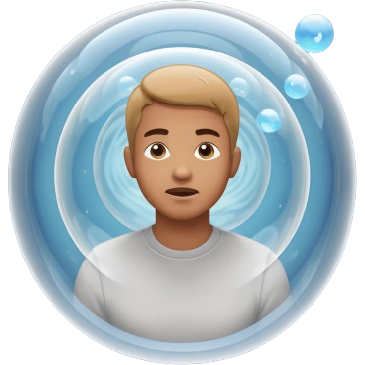 A man in simple casual clothes inside a transparent echo chamber bubble. Sound waves inside the bubble reflect back to him, showing only repeated versions of his own beliefs. Outside voices and symbols are muted or faded. Emoji-style render, soft lighting emoji