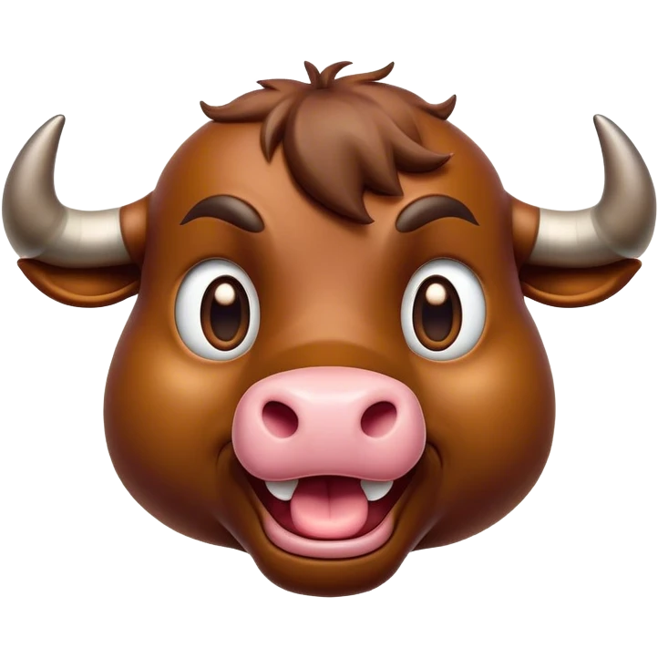 Cinematic Comical Brown Bull Portrait Emoji, Head tilted dramatically with an exaggeratedly amused expression, featuring a striking, glossy brown hide with a bold natural sheen, wide, expressive dark eyes filled with playful disbelief, Simplified yet hilariously expressive features, highly detailed, glowing with a slightly sassy glow, high shine, dramatic yet playful, stylized with an air of cheeky mischief, bright and endearing, soft glowing outline, capturing the essence of a spirited and over-the-top bull, so meme-worthy it feels like it could charge its way into internet fame instantly! emoji