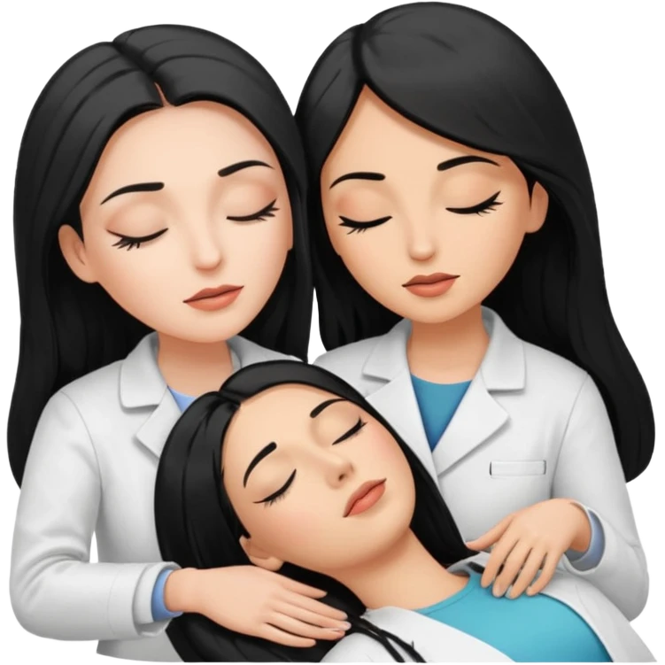 mulher branca cabelo longo e preto aplicando cilios em outra mulher que esta deitada em uma maca de olhos fechados emoji