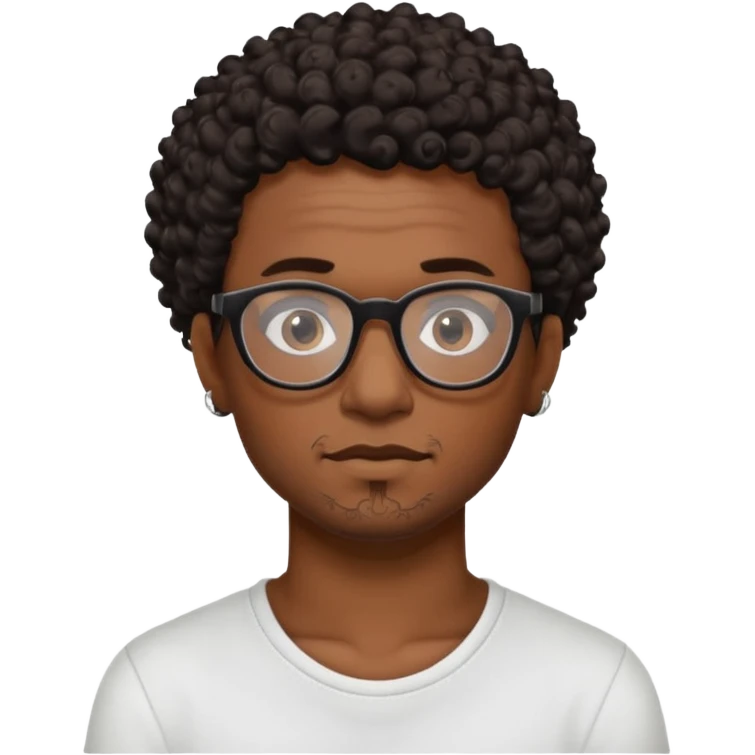 Black man emoji with short curly dark brown hair, black glasses, small tattoo on neck, artistic and adventurous expression emoji