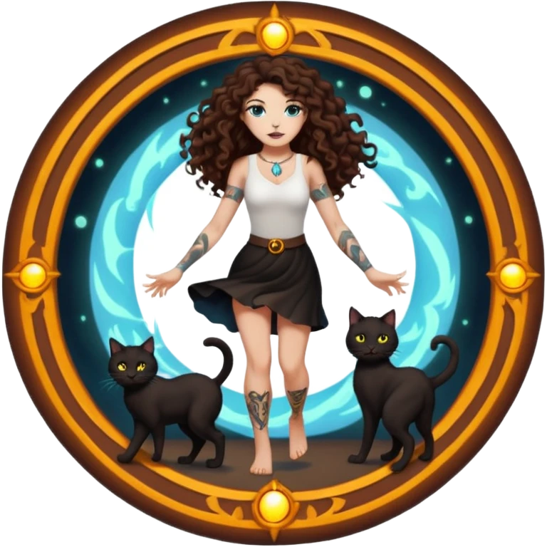 woman with long curly brown hair, brown eyes, white skin, tattoos, black cat stepping out of a glowing portal circle emoji