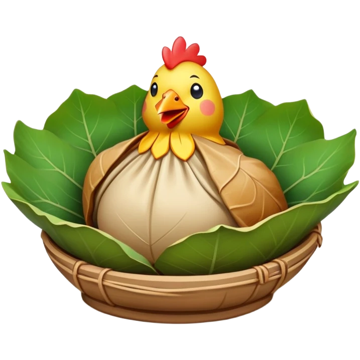 Beggar's Chicken wrapped in lotus leaf and clay, simplified emoji style with bold outlines and bright colors, cartoon style traditional Hangzhou dish before cracking emoji