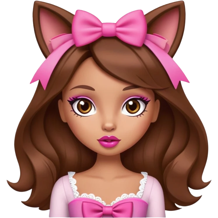 Bratz doll character with brown hair, pink bow, big lips, and foxy eyes emoji
