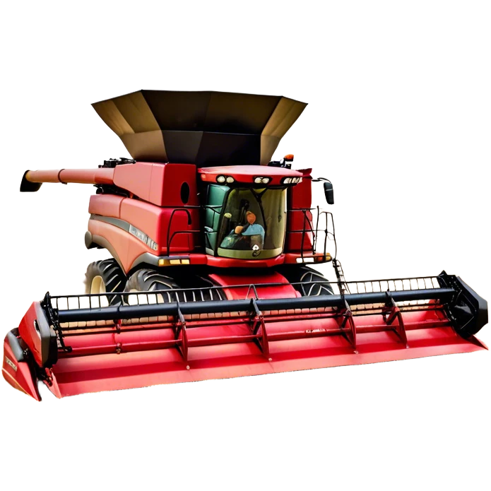 Case IH Axial-Flow 8250 (2022) – Cinematic-realistic Case IH Axial-Flow 8250 harvester, its deep red body towering over endless wheat fields. The massive cutting header slices through golden crops, sending a steady stream of grain into the bin as dust and chaff swirl in the afternoon sun. emoji