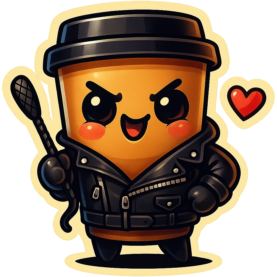Tall coffee cup, dressed in leather holding a whipping paddle, mischevious, heart emoji