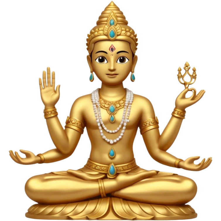 a golden statue of a Hindu deity seated in a yogic posture with one hand in a blessing gesture, adorned with ornate jewelry�. The figure sits on a decorated pedestal, radiating a sacred and traditional aura�. emoji
