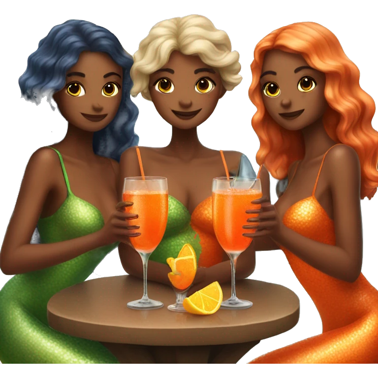 Three beautiful bright skin mermaids drinking aperol emoji