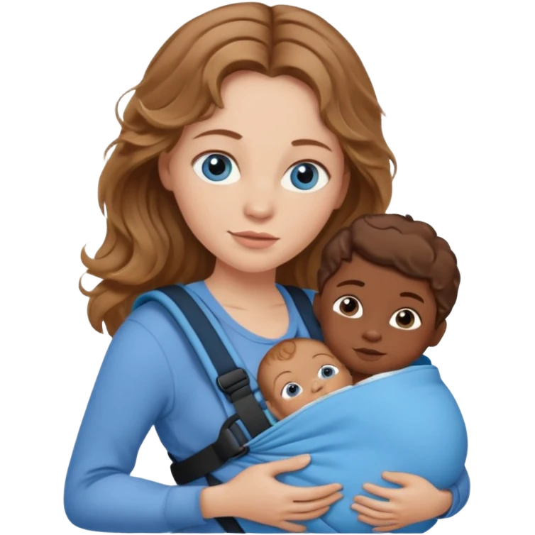 Caucasian woman with light brown wavy hair and blue eyes and dark skinned newborn in carrier emoji
