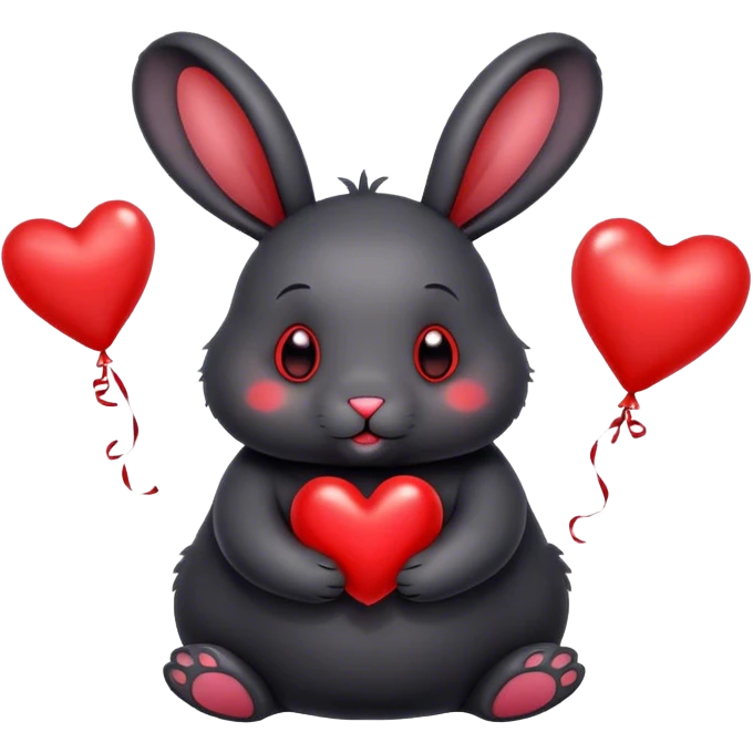 fat black rabbit with drooping ears and red metallic heart-shaped balloons emoji