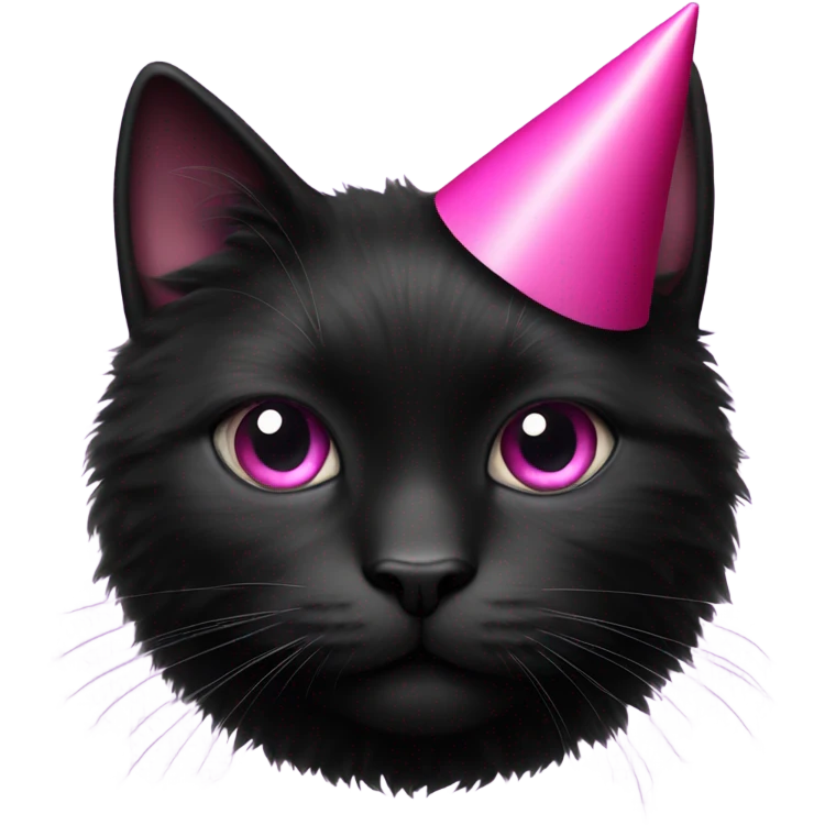fluffy black cat with a black and pink party hat emoji