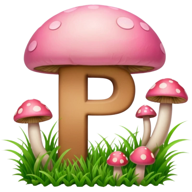 Double letter P, pink and green, with grass growing, mushrooms around emoji
