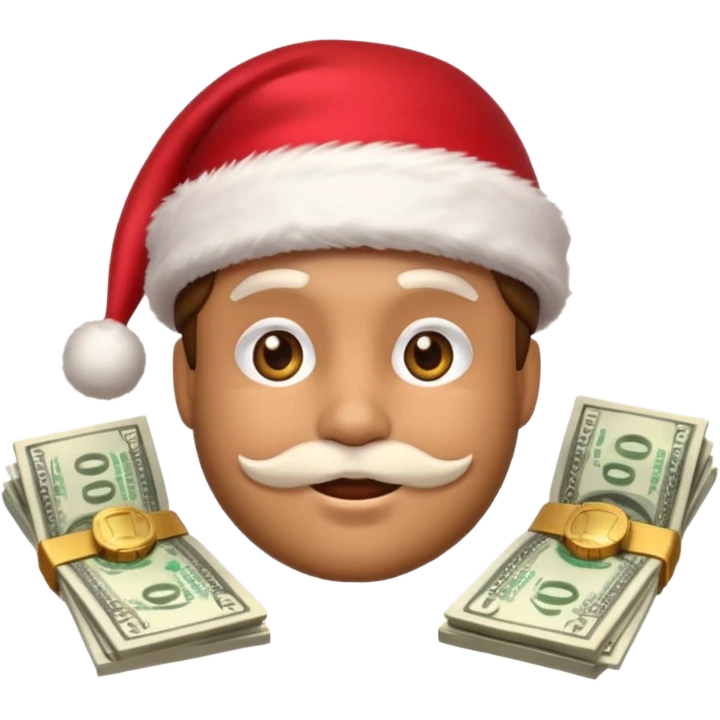 A confident rich emoji face wearing a Santa hat, money stacks, casino vibe, New Year theme, premium 3D emoji style, sharp details, no text, isolated on transparent background emoji