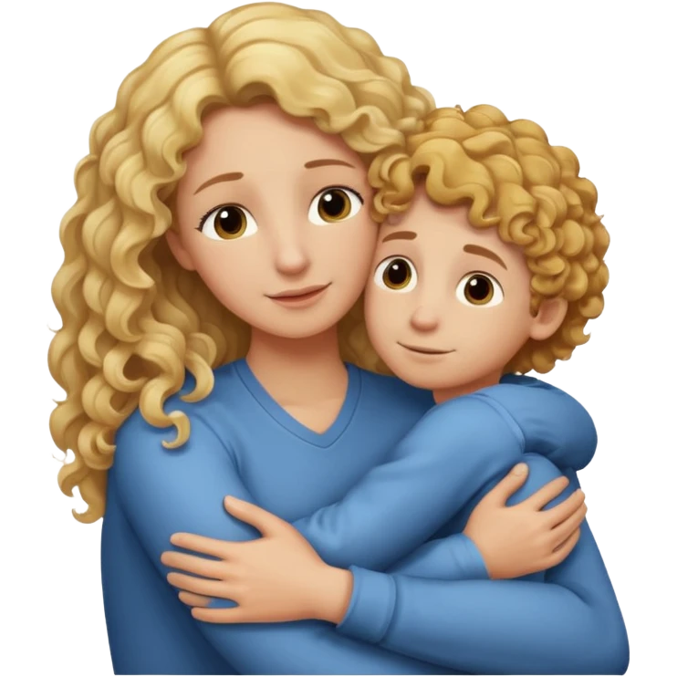 a mother with blond curly long hugging his son with brown hair and like saying its okay emoji