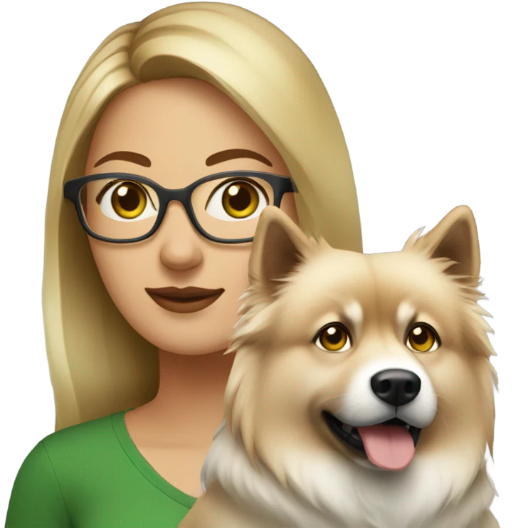 Brown light hair woman aux Green eyes with glasses Green eyes and White eurasier dog  emoji