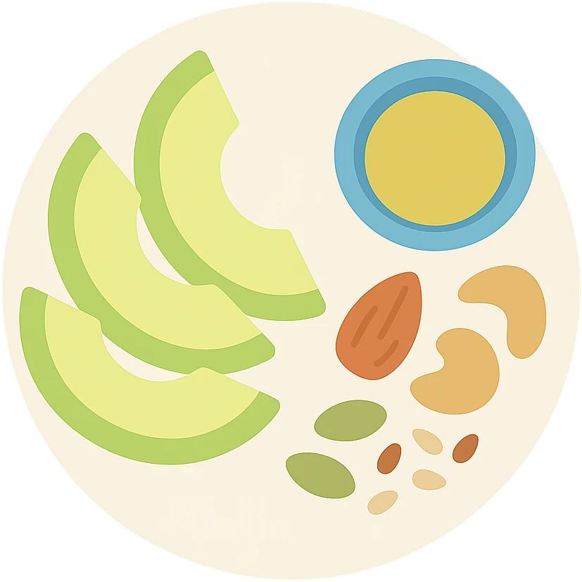 plate with avocado slices, assorted nuts, small dish of olive oil, and mixed seeds emoji