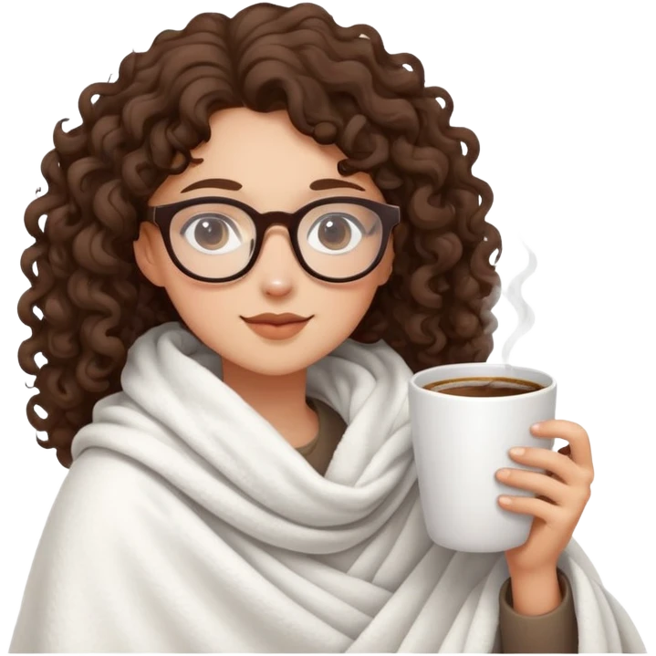Brunette girl Curly and glasses in white blanket drinking coffee emoji