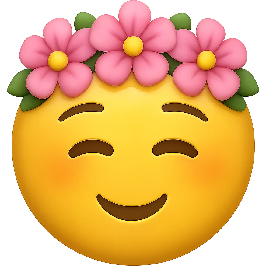 yellow face with pink flower crown, digital illustration, emoji style, no background emoji