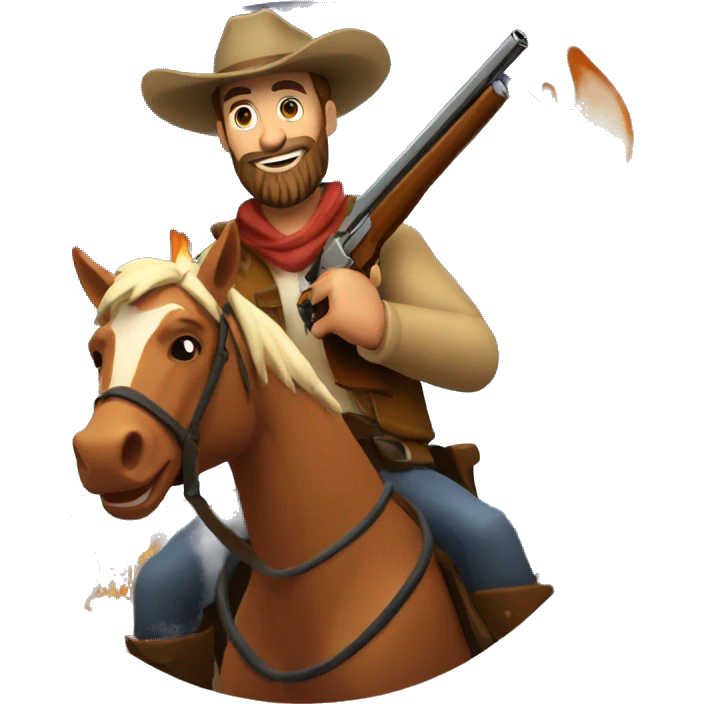 bearded man in cowboy hat riding on a horse in front of a campfire holding a shotgun emoji