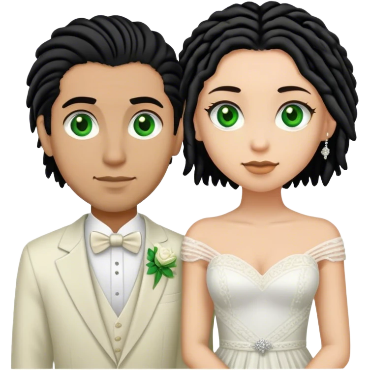 Couple lightskinned man with short dreads green eyes and light skinned woman with black hair brown eyes getting married emoji