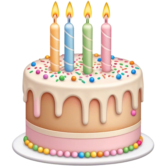 Beige, white and light pink birthday cake with candles and rainbow sprinkles emoji
