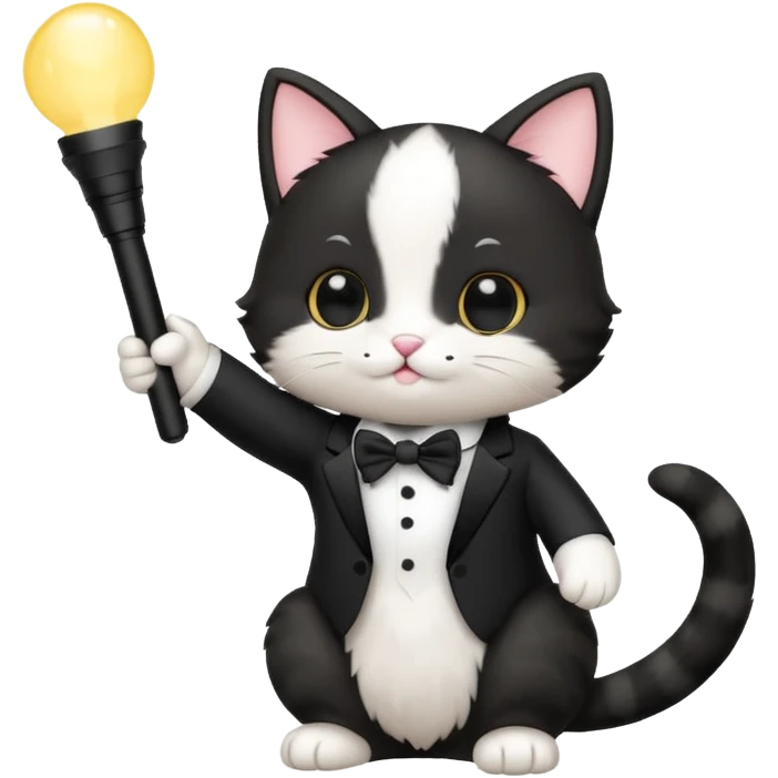 chibi cute tuxedo cat waving holding a light stick emoji