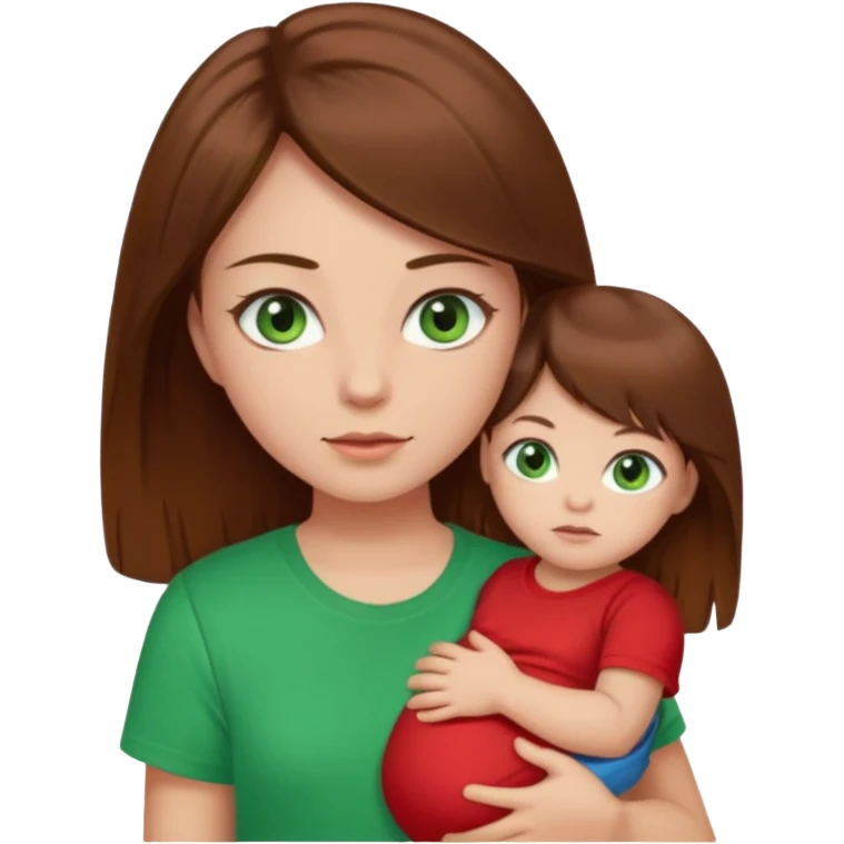 a girl with brown strait hair and has baby green eyes has a red t-shirt emoji