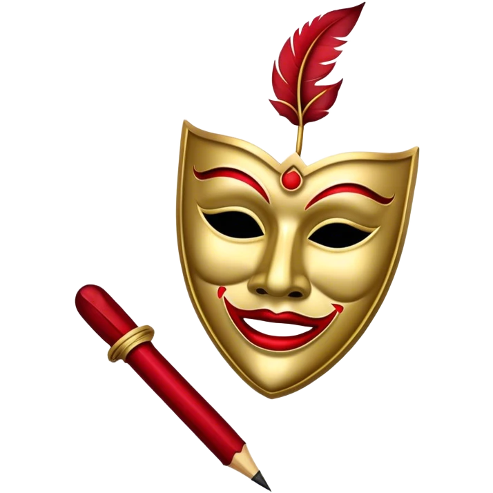 Create a bold and dramatic emoji representing the art of playwriting. The design should feature an open script or a theater playbook, with stylized text inside. Include elements like a theatrical comedy and tragedy masks, a stage spotlight, or a writting quill to symbolize creativity and performance. Use deep, contrasting colors like red, black, and gold to evoke the intensity and passion of drama. The overall design should feel dramatic, inspiring, and artistic. Make the background transparent. emoji