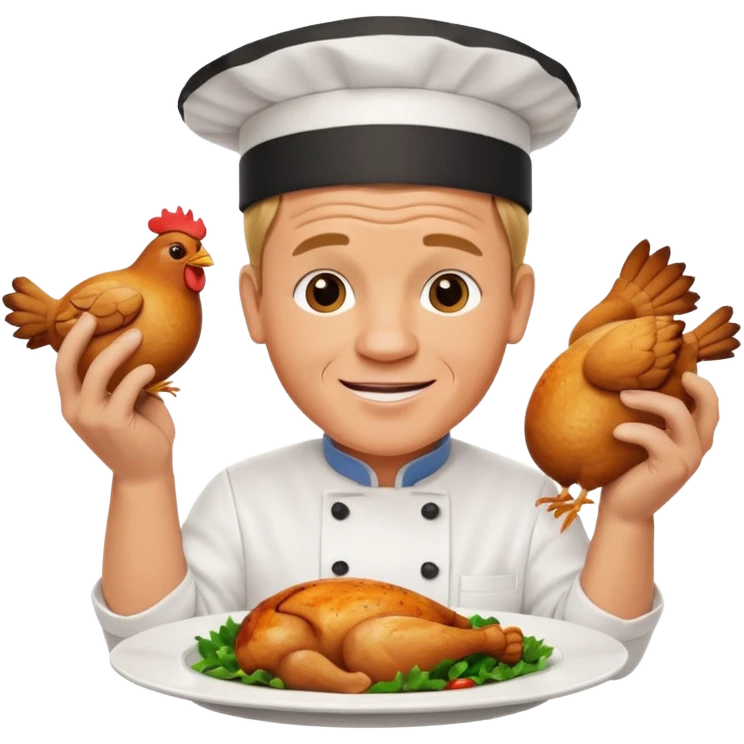 Gordon Ramsay cheerful, showing off a perfectly cooked chicken on a plate, chef uniform emoji
