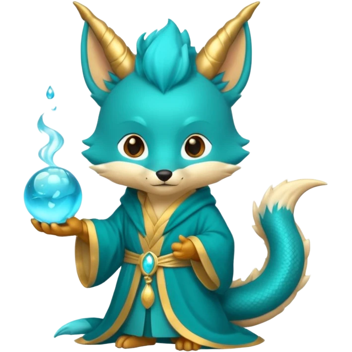 Chibi teal fox-dragon emoji with small antler horns, confident magical expression, gold mark on forehead, teal-gold robe, holding glowing blue water orbs, with dragon tail emoji
