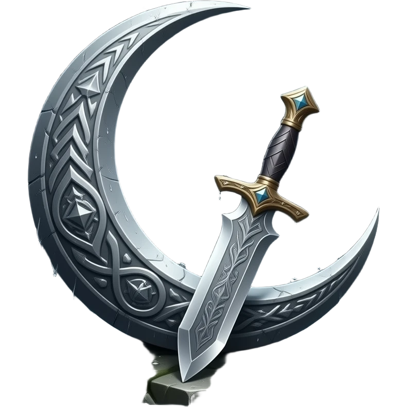 crescent‑shaped engraved blade on rain‑soaked stone, drowned in heavy storm, only faint silver moonlight cutting through black clouds, cold metallic reflections, ominous dark fantasy atmosphere emoji