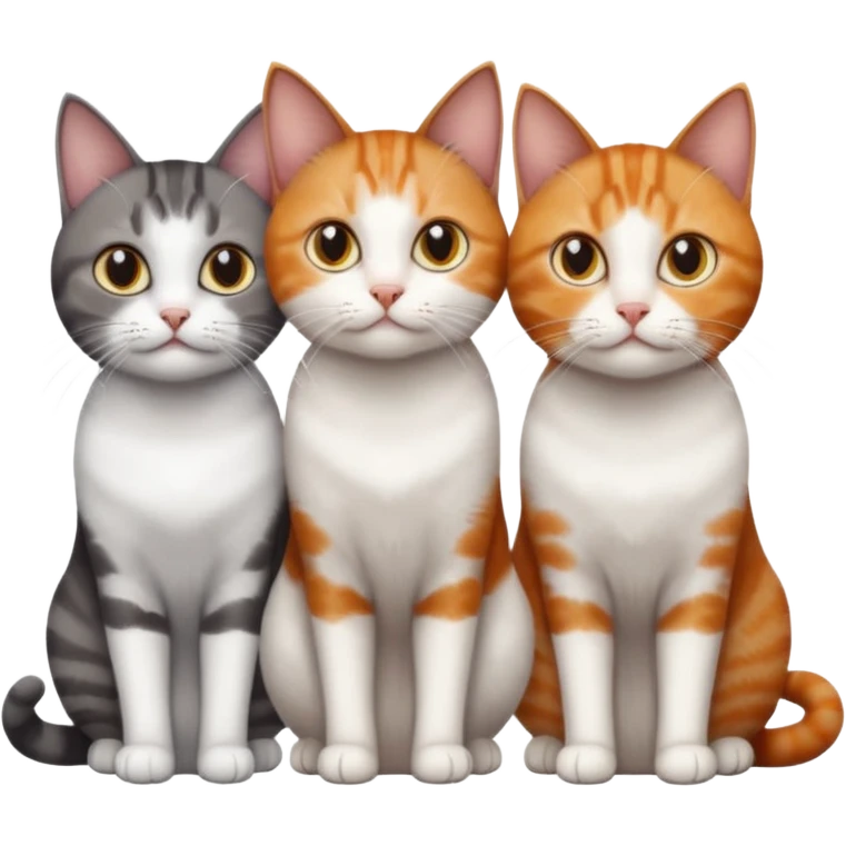 3 different coloured short haired cats including; a dark brown tabby and white cat, and a dark grey and white and a ginger and white emoji