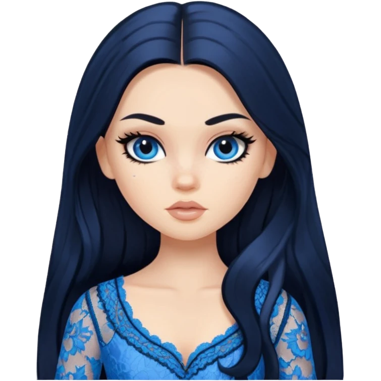 pretty, black long hair, pale skin, eyeliner, blue lace clothes, bratz baddie emoji