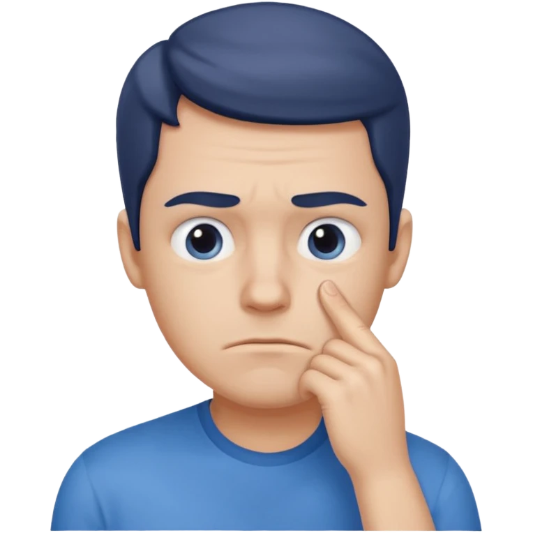 Blue shirt, significant frown, questioning, hand on chin, eyes looking in the corner emoji