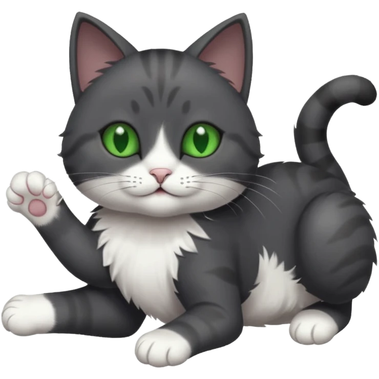 solid dark grey cat with green eyes, white toes/paws and white patch on her chest playfully rolling upside down emoji