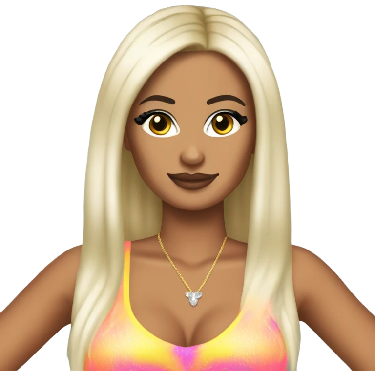 Tanned woman with long black hair, dressed in y2k Paris Hilton hair, makeup, and neon attire emoji
