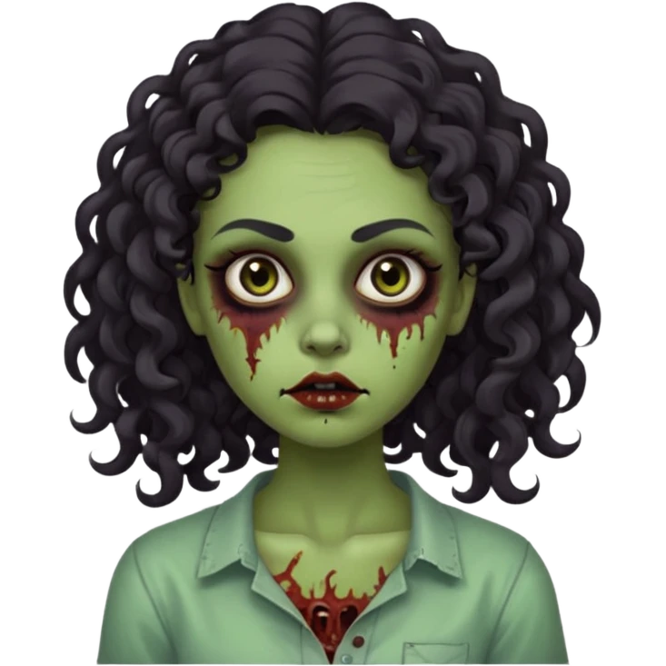 Create a zombie emoji inspired by a young woman with tanned skin, an oval face, large dark eyes, defined eyebrows, a small nose, and medium lips. Her hair should be long, curly, and dark.  emoji