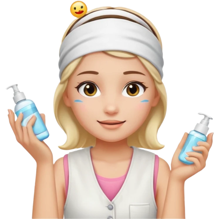 Clean girl aesthetic emoticons, apply skincare products, headband, glowing skin, white vest, soft lighting emoji