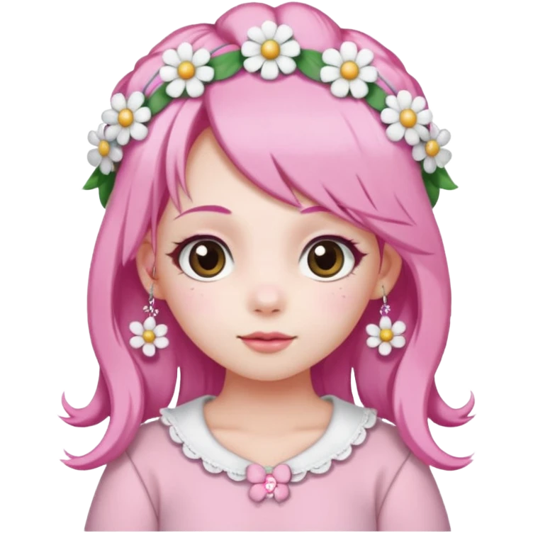 A girl with pink and white hair, adorned with flowers as hair accessories, wearing My Melody clothing. emoji