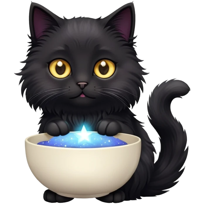 Black fluffy cat with a bowl of starlight emoji