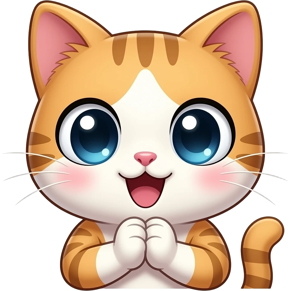 I want an emoji with the face of a cat, drawn in exhagerated kawai manga-style with very large eyes. Its paws should be visible (not the legs/arms) and held together to form a thank you gesture. The cat should look very happy and amazed. emoji